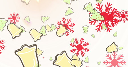 Image of snow, bells, christmas tree falling over white background. winter, tradition and celebration concept digitally generated image.の写真素材