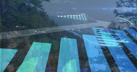 Showing data overlay over misty mountain forest and lake, with charts, graphs, numbers, arrow, grid. Nature, analytics, visualization, landscape, technology, serenity, dataの写真素材