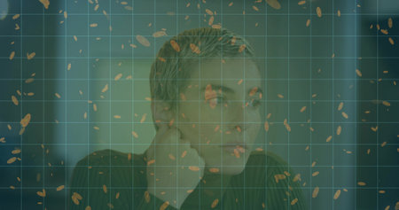 Sitting man holding chin on fist while gazing right in office chair, with blinds, grid, seeds. Thoughtfulness, introspection, modern, digital, abstract, serenity, professionalの写真素材