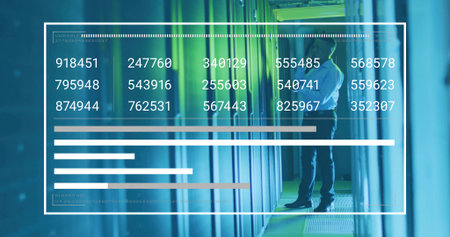 IT tech examining servers inside data center with cables, raised floor panels, digital overlays. Futuristic, cybersecurity, technology, digital, industrial, modern, innovationの写真素材