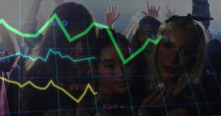 Dancing six adults raising hands on club dance floor with overlayed digital line graphs, fog, beams. Energetic, nightlife, celebration, dynamic, vibrant, social, festiveの写真素材