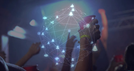 Projecting glowing holographic network above concert crowd, with red plastic cups and wristbands. Concert, technology, multimedia, immersive, networking, communal, ambianceの写真素材