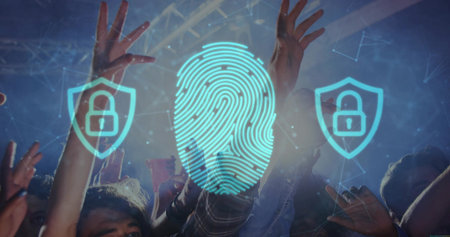 Displaying turquoise digital fingerprint graphic at concert, with lock shields, truss, lights, haze....