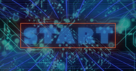 Displaying pixelated blue START letters floating in red frame on navy grid, with neon circuit lines....