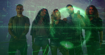 Posing band wearing rock attire in studio, with handheld mic and green data overlay. Musicians, digital art, neon, futurism, performance, collaboration, stageの写真素材