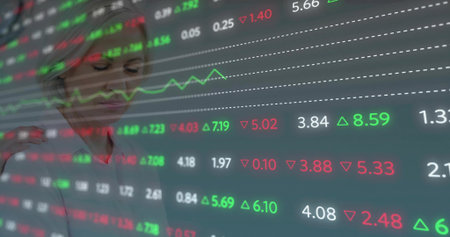 Finance expert in suit analyzing stock prices on clear LED display in trading room, copy space....