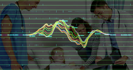 Caring team in scrubs, lab coat examining child patient in exam room, with digital graph overlay....
