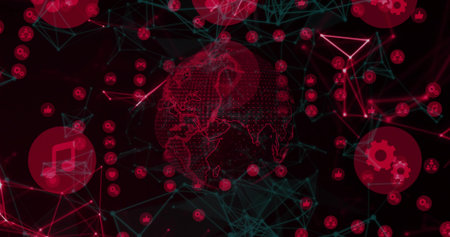 Displaying red dotted wireframe globe rotating in digital network showing teal lines and icon nodes. Technology, connectivity, cyber, cybernetics, innovation, data, automationの写真素材