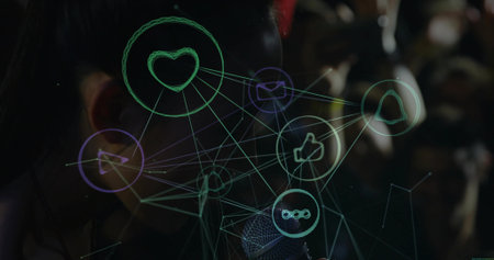 Speaking Chinese woman presenter using microphone with headset earpiece at conference, with icons. Digital, innovation, communication, futurism, networking, technology, presentationの写真素材