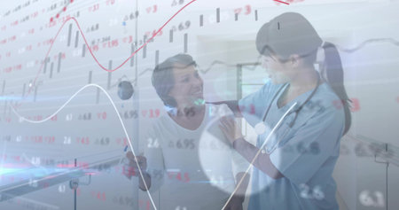 Nurse in scrubs placing stethoscope on patient shoulder at clinic, with cane. Medical, professional, modern, diagnostic, clinicalの写真素材