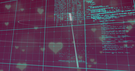 Displaying pulsing hearts in cyberspace over cyan grid with code, binary clusters, diagonal beams. Futuristic, digital, abstract, technology, interface, visualization, motionの写真素材