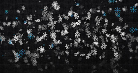 Image of snow flakes falling on black background. Winter, christmas, weather and snow concept digitally generated image.の写真素材