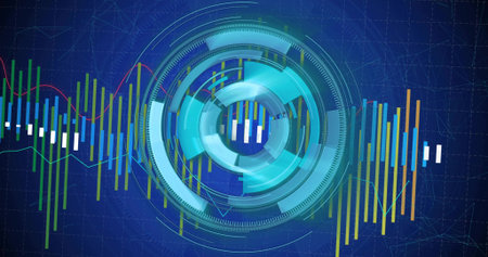 Circular holographic display rotating in data grid with ring segments, bar charts and line graphs. Technology, innovation, visualization, analytics, futuristic, digital, dataの写真素材
