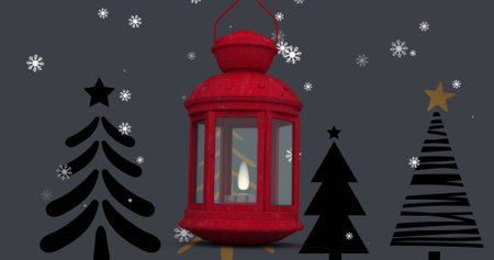 Image of snow falling over christmas decoration with lantern. christmas, tradition and celebration concept digitally generated image.の写真素材