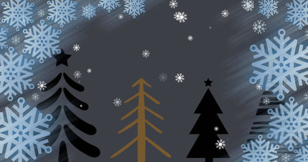 Image of snow falling over christmas trees. winter, tradition and celebration concept digitally...