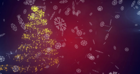 Snowflakes falling over shooting star forming a christmas tree against red background. christmas festivity and celebration conceptの写真素材