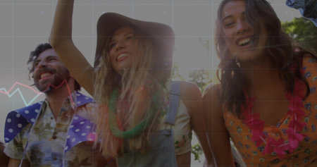 Standing five friends raising arms in sunlit park, with floral leis, lens flare and grid overlay. Celebration, camaraderie, outdoor, summery, joyful, casual, vibrantの写真素材