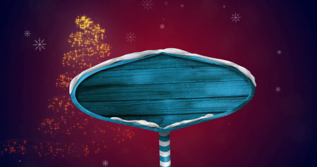 Image of snow falling over blue signpost. winter, tradition and celebration concept digitally generated image.の写真素材