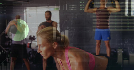 Woman in pink top bracing for lift in weight gym, with medicine ball and metrics overlay. Strength, gym, fitness, training, power, exercise, workoutの写真素材