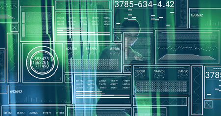 Observing female professional in suit interacting with data panels in control room, copy space....