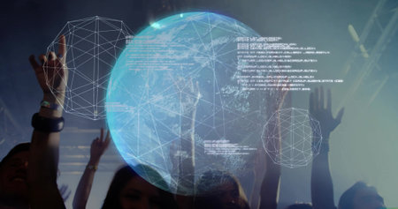 Hovering holographic globe projecting network lines over crowd at dark hall with stage lights, fog. Futuristic, immersive, vibrant, digital, networking, concert, visual effectsの写真素材