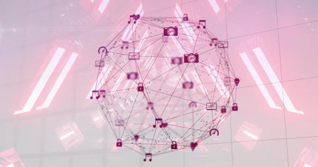 Floating sphere showing nodes in data space, with padlock, musical note, envelope, camera icons. Futuristic, digital, network, visualization, abstract, technology, innovationの写真素材
