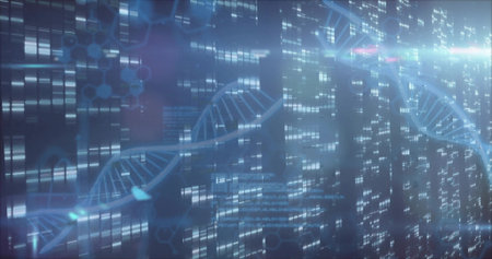 Floating holographic DNA helix rotating in display, with bars hex overlays code and lens flare. Futuristic, digital, science, biotechnology, visualization, innovation, abstractの写真素材