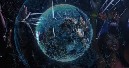 Dancing crowd raising hands at dark music venue with holographic globe and laser lights. Concert,...