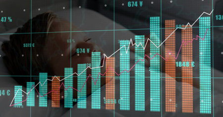Sleeping child boy lying on pillow in bedroom, with pajamas and data overlay, copy space. Sleep, tranquility, relaxation, data visualization, serenityの写真素材