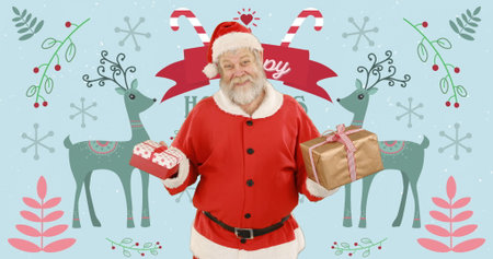 Holding gifts, Santa Claus with reindeer and candy canes, holiday image. Christmas, holidays, festive, winter, holiday season, celebrationの写真素材