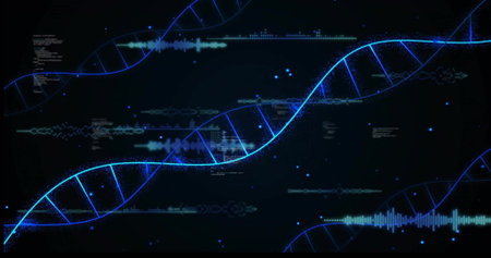 Displaying glowing blue DNA helix flowing across virtual data display, with waveform bars and code....