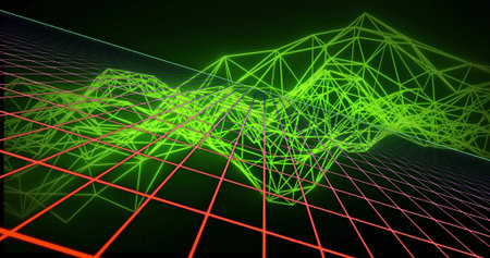 Glowing wireframe terrain rising in dark void toward vanishing point, with red grid and green mesh....
