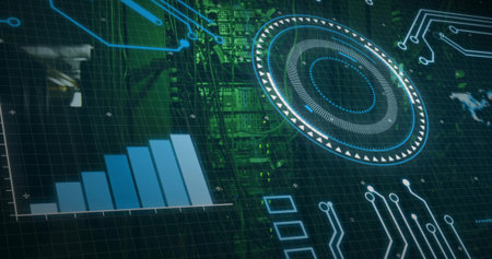 Displaying digital HUD overlay over data center racks, showing blue bar chart and circular gauge....