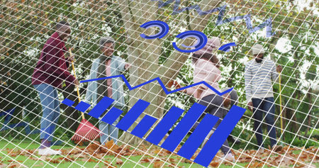 Raking family gathering leaves in yard with rakes and leaf pile, wearing jackets, blue overlay....