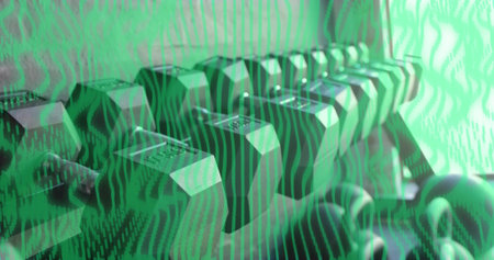 Highlighting row of hexagonal dumbbells gleaming on slanted metal rack at gym, green overlay. Weights, kettlebell, diagonal, depth, metallic, modern, stockの写真素材