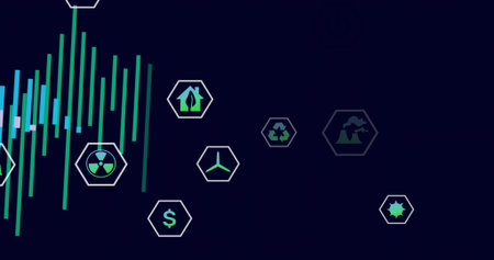 Displaying hexagonal icons linking energy and finance on digital dashboard with teal bar chart....