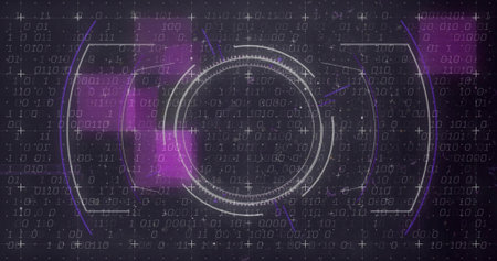 Displaying HUD target rotating on dark starfield, with binary matrix and purple bands. Futuristic, interface, concentric, circular, crosshair, grid, neonの写真素材