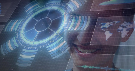 Smiling adult male showing circular HUD with map and waveform at office collared shirt, copy space. Holographic, augmented, reality, interface, dashboard, overlay, gridの写真素材