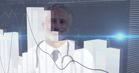 Standing mature doctor wearing white lab coat and tie in studio showing stethoscope with 3D charts. Dataviz, analytics, healthcare, healthtech, medicaltech, visualization, dashboardの写真素材