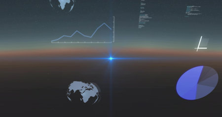 Displaying central blue flare and thin glowing horizon in virtual scene with charts, globes, code. Hud, analytics, visualization, orb, futuristic, neon, spaceの写真素材