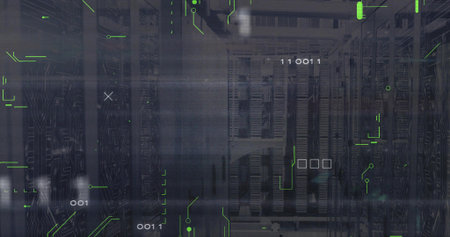 Displaying central server racks streaming data inside datacenter, with LED lights and HUD overlay....