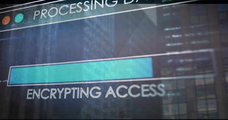 Displaying centered translucent UI on glass showing ENCRYPTING ACCESS bar with cyan fill. Interface,...
