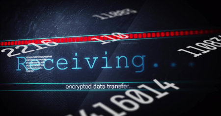 Showing central cyan Receiving with encrypted transfer on HUD, displaying diagonal red progress bar. Cyber, interface, holographic, futuristic, encryption, scanline, glitchの写真素材