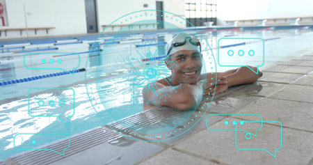 Leaning adult swimmer in trunks pushing goggles up at public pool coping, cyan AI emblem overlaying....