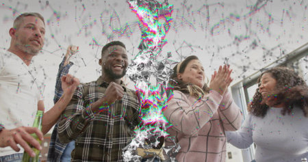 Cheering six adults wearing casual wear in bright lounge, clapping and holding green bottle, glitch. Group, celebration, teamwork, interior, daylight, highkey, pixelationの写真素材