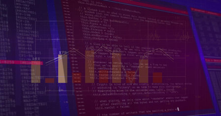 Displaying screen showing source code, bar charts, line graphs, numbers at desk with editor....