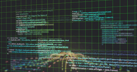 Pulsing central programming text cluster floating in virtual interface, with translucent green grid....