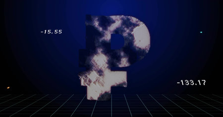 Floating large 3D ruble symbol hovering above synthwave wireframe grid, showing -15.55 and -133.17. Neon, retro, cyberpunk, cyberspace, currency, holographic, digitalの写真素材