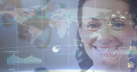 Presenting woman explaining dashboard in studio, showing world map, pie chart, HUD, copy space. Woman, data, interface, visualization, analytics, professional, officeの写真素材