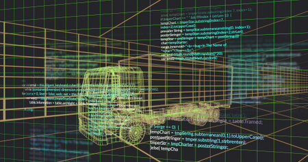 Displaying yellow-green wireframe truck rotating in virtual 3D workspace, showing grid, car, code. Neon, holographic, perspective, modeling, schematic, vehicle, cabの写真素材